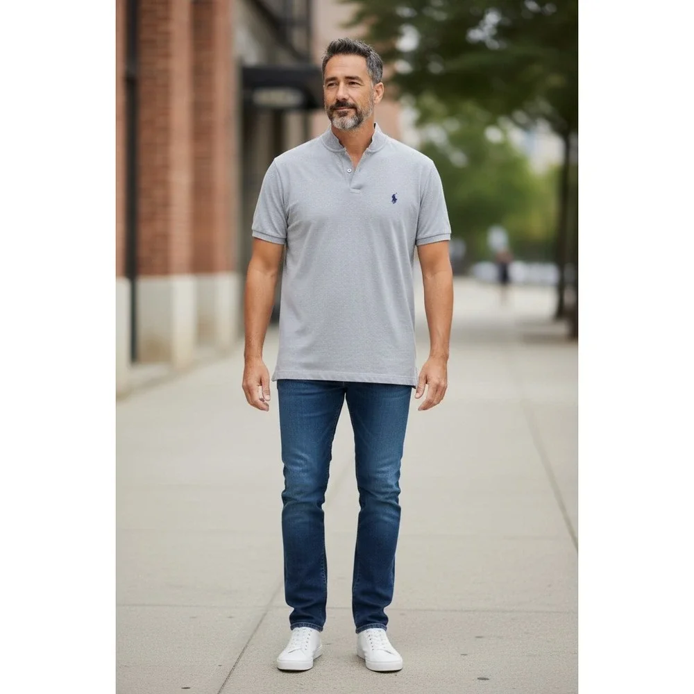 193 Polo Ralph Lauren Mens Classic Fit VNeck Polo Shirt Light Blue Heather Large